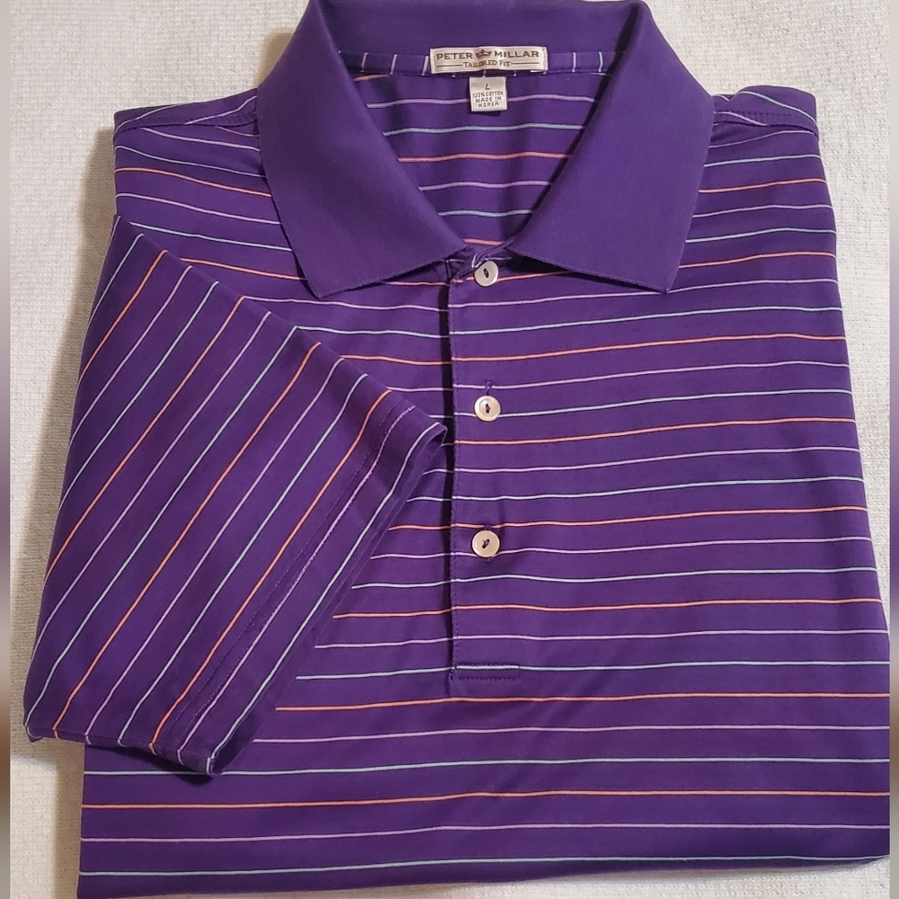 Peter Millar 100% CottonMen's Polo in Purple with Multicolor Stripes. Sz L